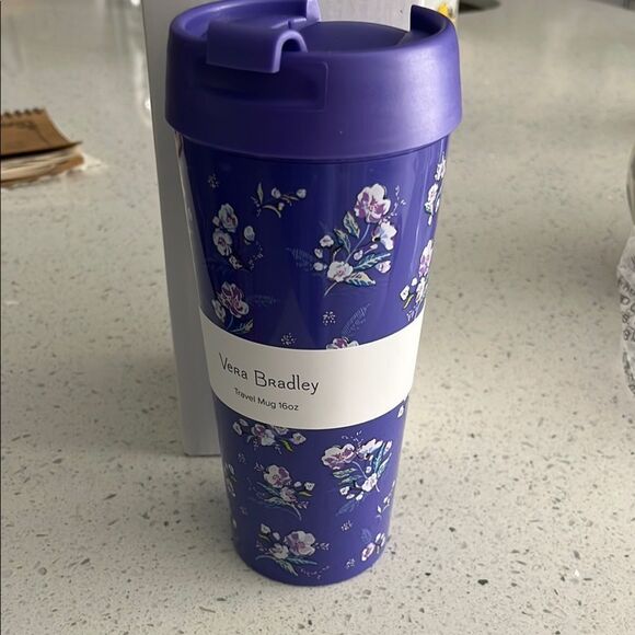 Vera Bradley Wild Roses Travel Mug Flip Top Purple with Pink and Whitr NIB - Picture 1 of 5